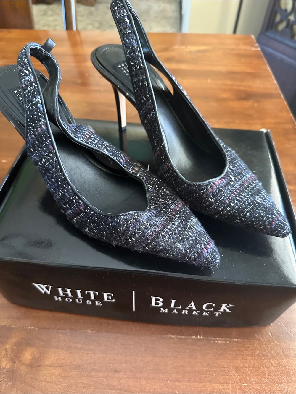 White House Black Market Black Tweed Pointed Slingback Heels